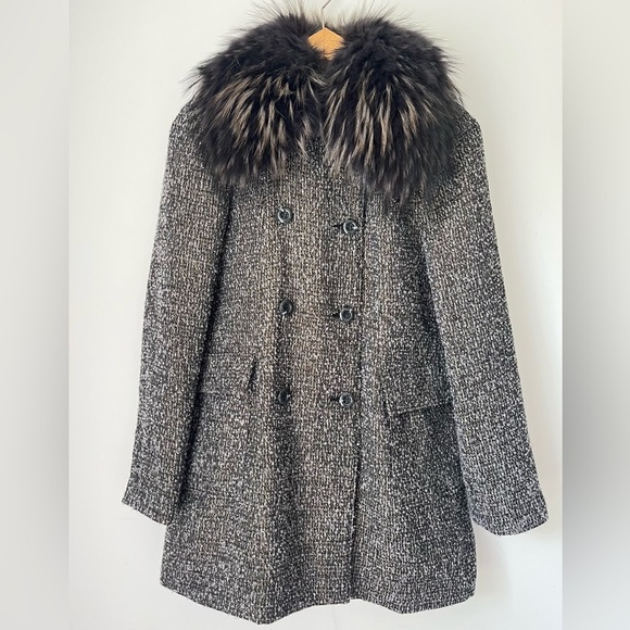 Alice + Olivia Jacket Women’s Small Wool Coat 100% Raccoon Fur Collar - Picture 1 of 7